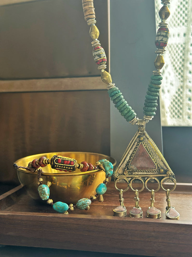 Turquoise Coral Coconut Brass and Silver Necklace