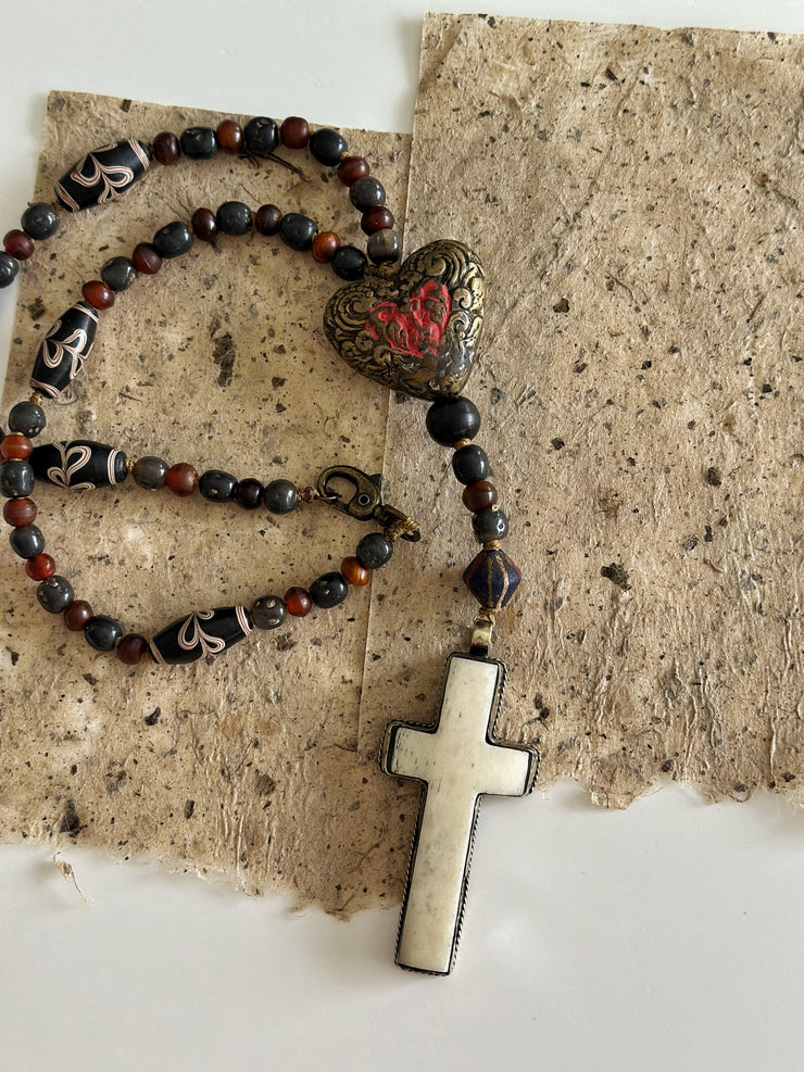 Hand Knotted Rosary with Buffalo Bone Cross Tibetan Silver, Brass, and Recycled Glass