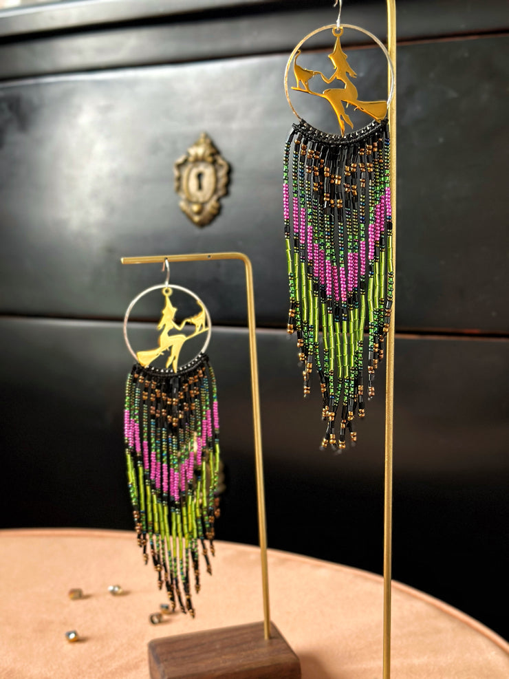 Spooky Season Purple and Green Beaded Fringe Earrings