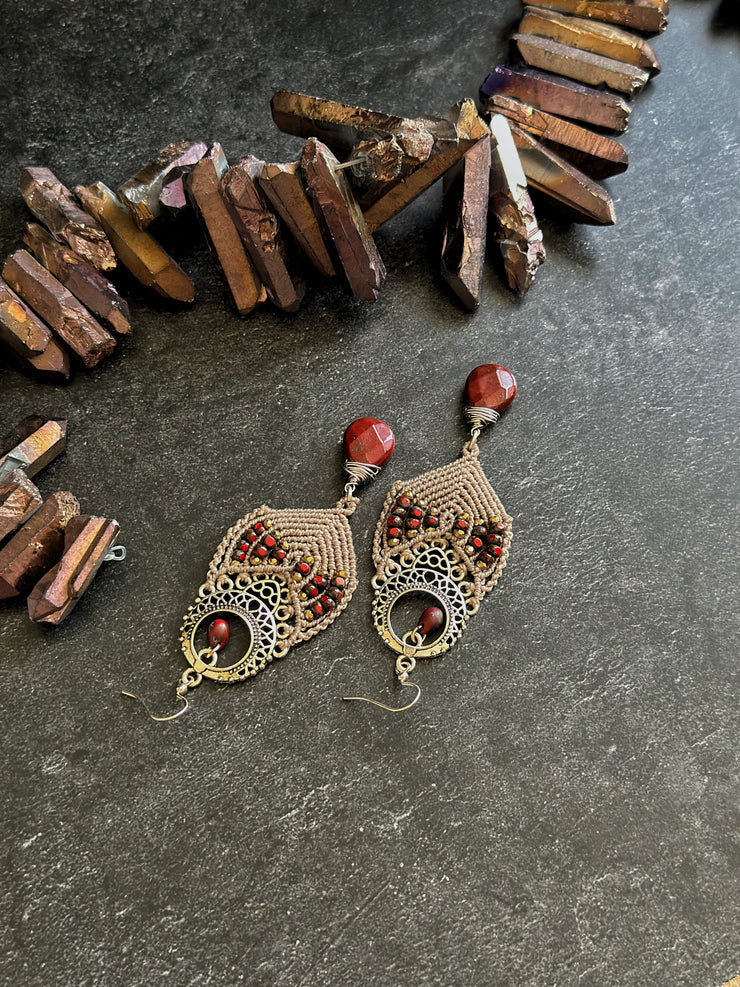 Czech Bead and Apple Jasper Macrame Earrings