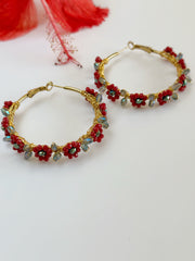 Hand Wrapped Beaded Red Flower Hoops Large