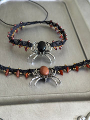 Black Onyx Spider and Garnet Chips Macrame Choker