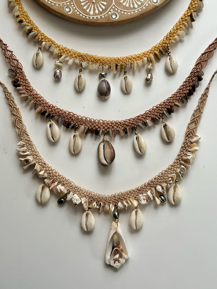 Conch Cowrie and Fresh Water Pearl Macrame Necklace