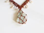 Raw Aquamarine Crystal Macrame Necklace with Cowrie Shells