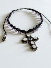 Quartz and Amethyst 925 Cross Macrame Choker