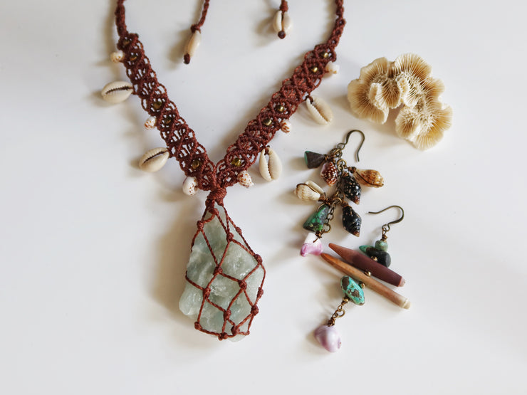 Raw Aquamarine Crystal Macrame Necklace with Cowrie Shells