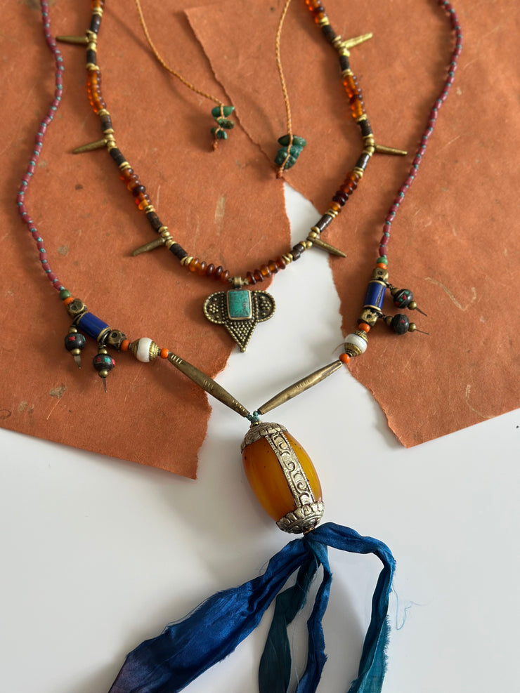 Turquoise Brass and Bone Ethnic Necklace