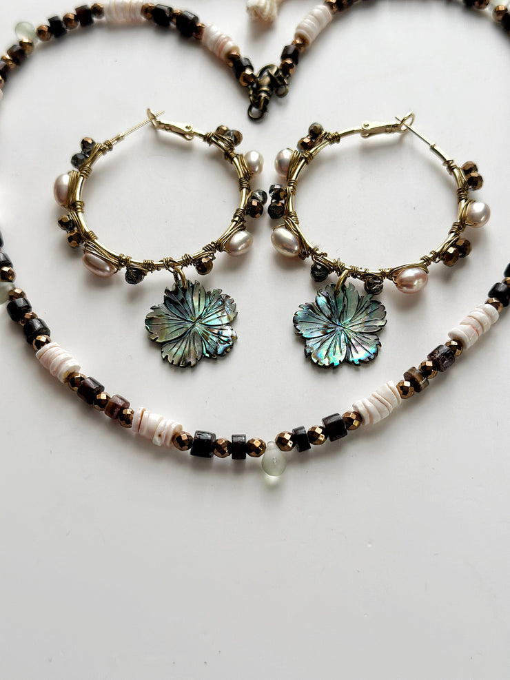 Abalone Flower with Pearl Hoops