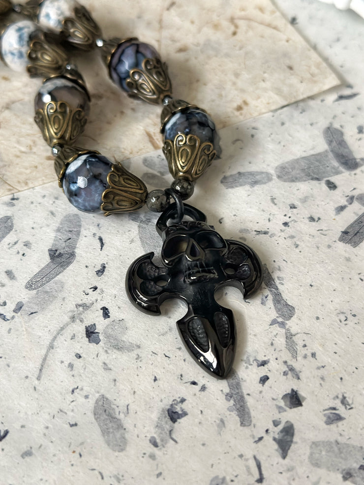 Dragon Vein Agate Skull Dagger Necklace