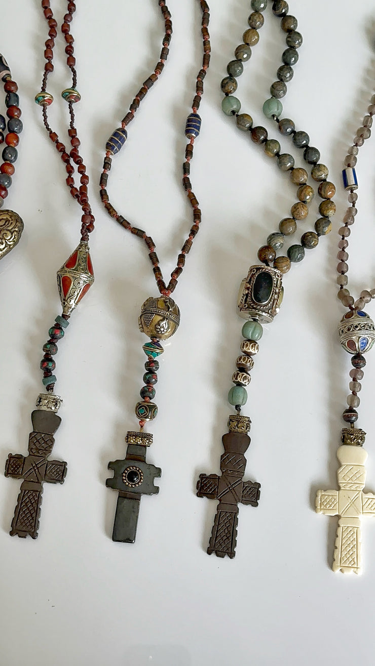 Hand Knotted Rosary with Buffalo Bone Cross Tibetan Silver, Brass, and Recycled Glass