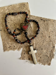 Hand Knotted Rosary with Buffalo Bone Cross Tibetan Silver, Brass, and Recycled Glass
