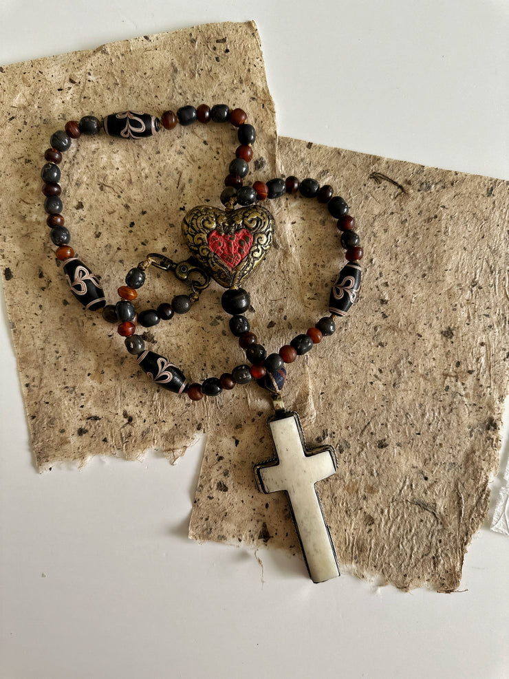 Hand Knotted Rosary with Buffalo Bone Cross Tibetan Silver, Brass, and Recycled Glass