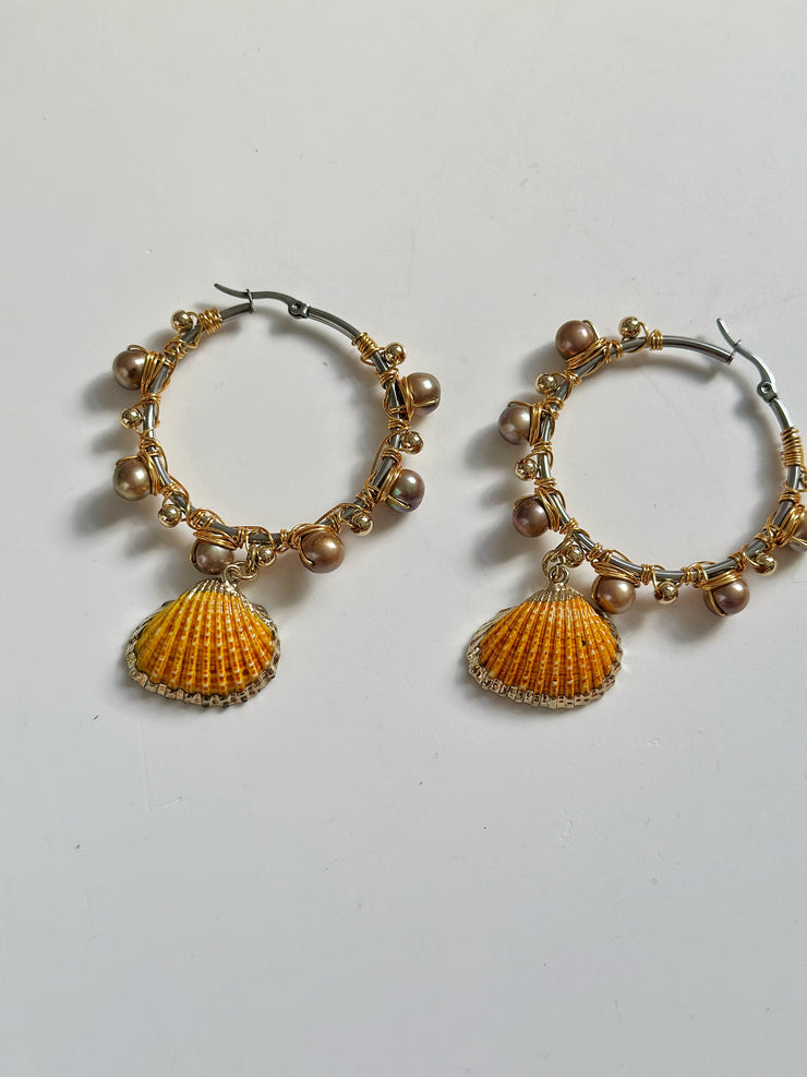 Fresh Water Pearl and Shell Wrapped Hoops