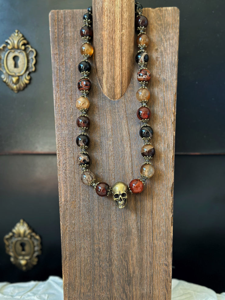 Red Agate Bronze Skull Necklace