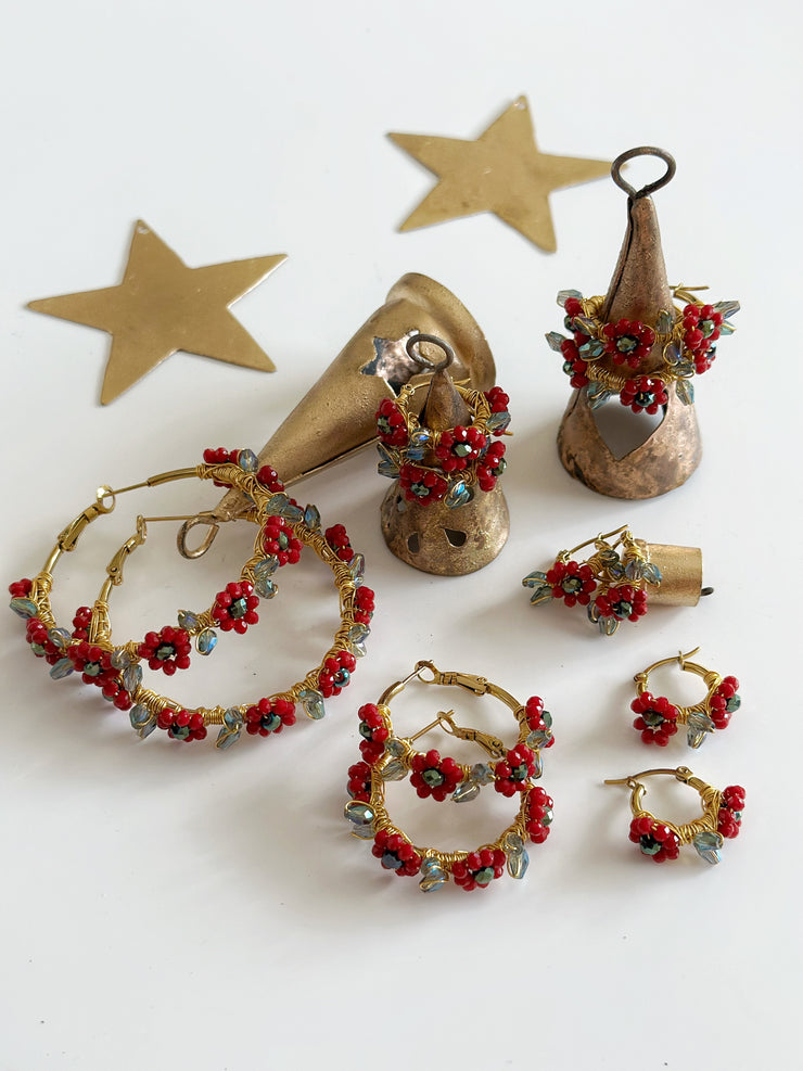 Hand Wrapped Beaded Red Flower Hoops Extra Small