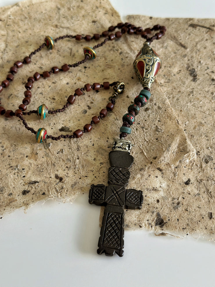 Hand Knotted Rosary with Coral, Tibetan Brass and Carved Bone Cross