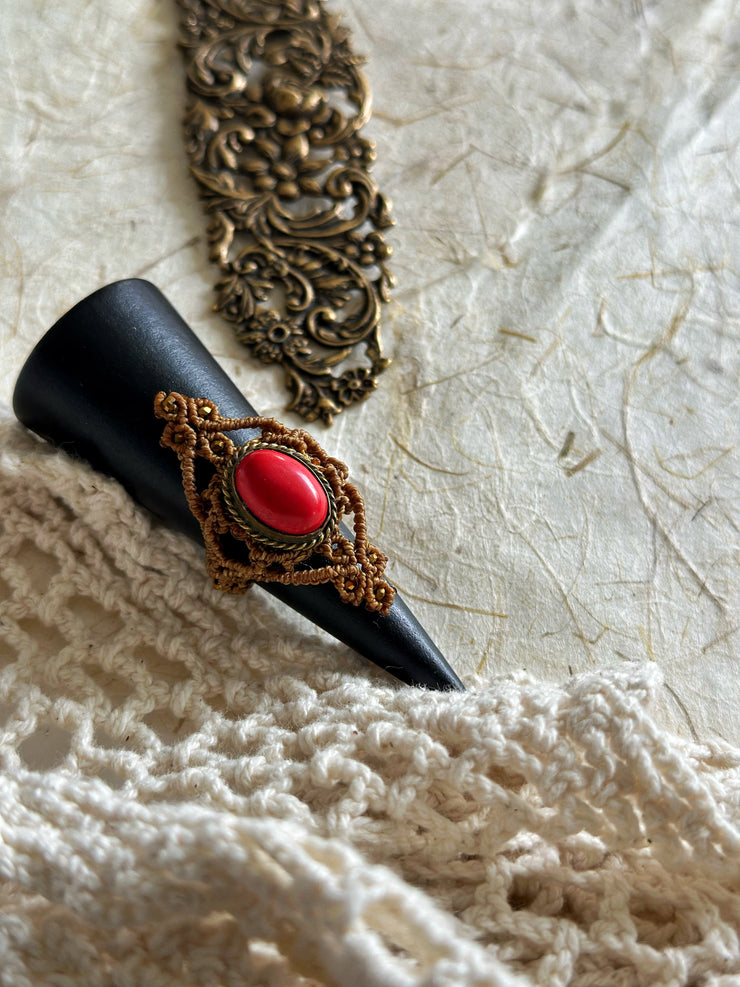 Red Coral Macrame Ring