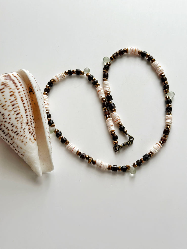 Red Lip Shell, Black Lip Shell, Hematite and Sea Glass Necklace
