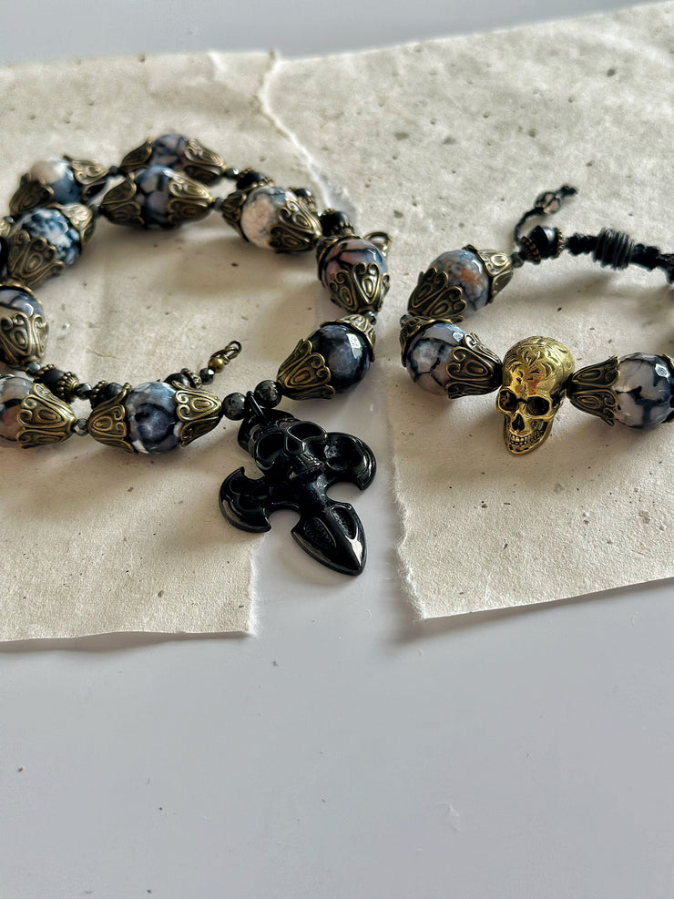 Antique Gold Dragon Vein Agate Skull Bracelet