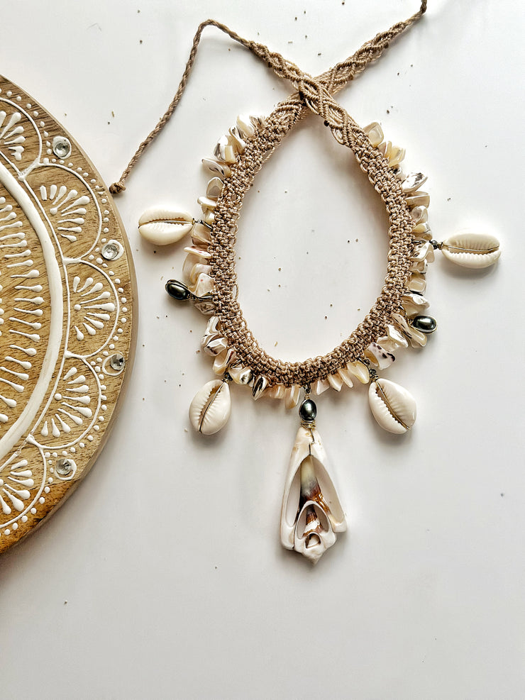 Conch Cowrie and Fresh Water Pearl Macrame Necklace