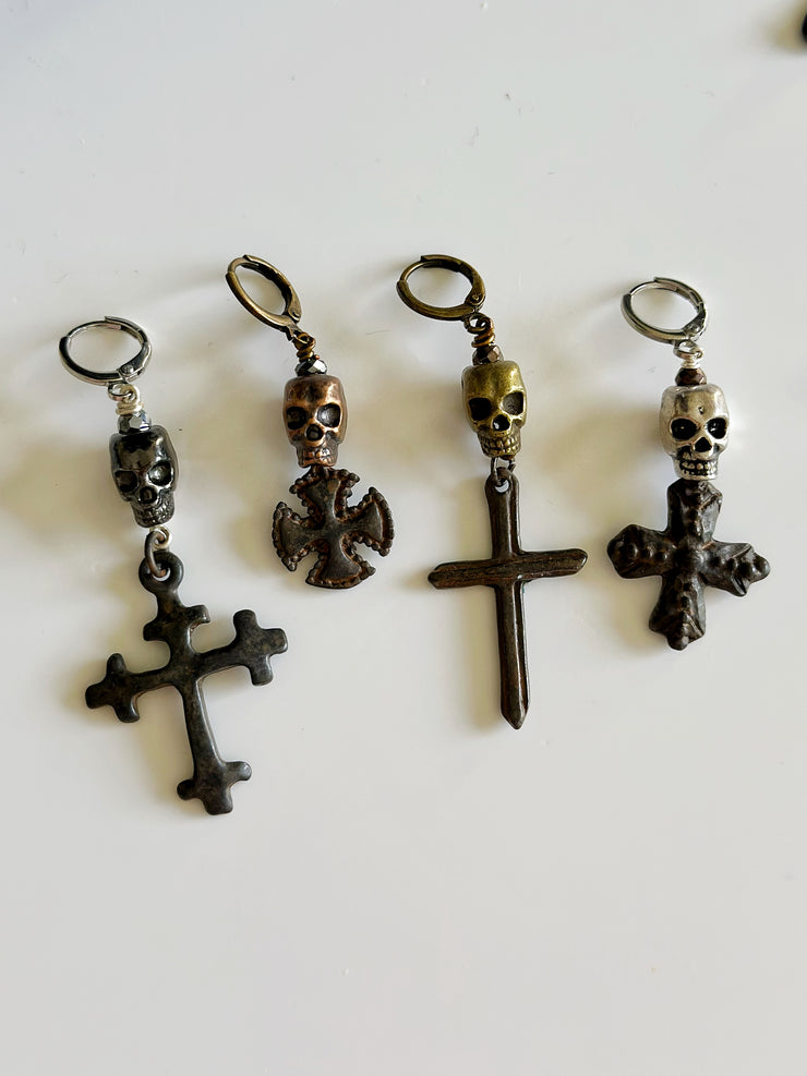 Gun Metal Skull and Antique Cross Earring