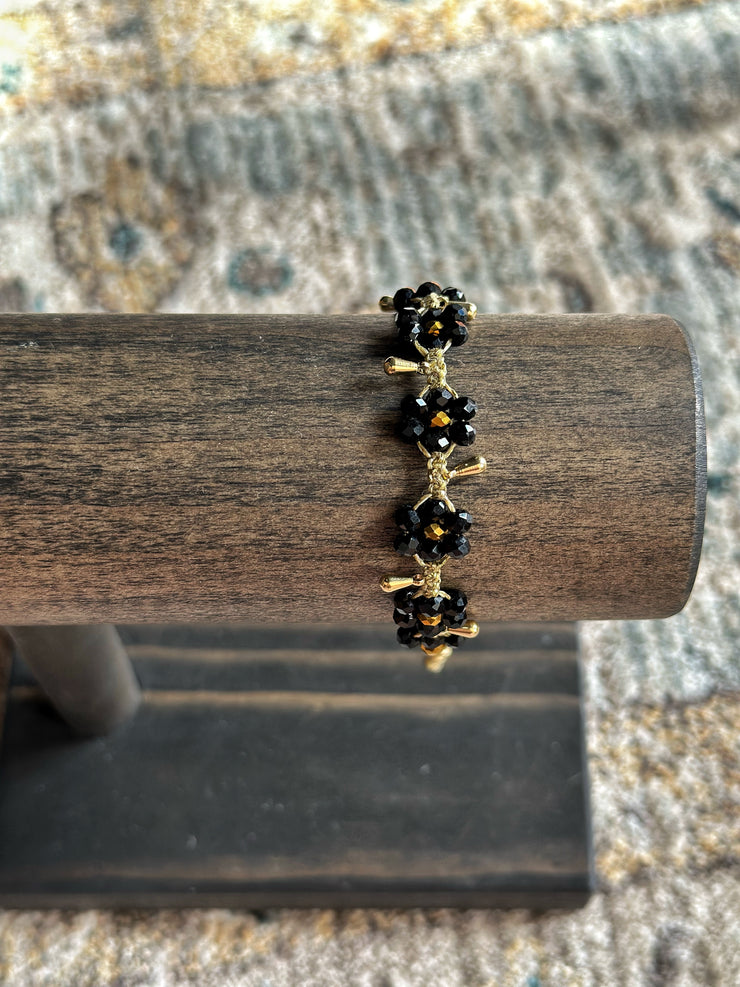 Black Beaded Flower with Brass Stem Bracelet