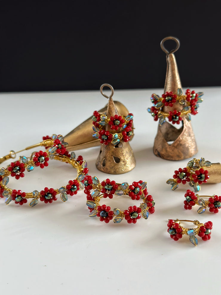 Hand Wrapped Beaded Red Flower Hoops Large