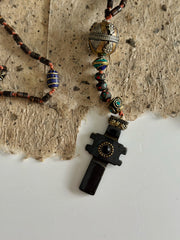 Hand Knotted Rosary with Carved Bone Inlaid Lapiz Lazuli Cross