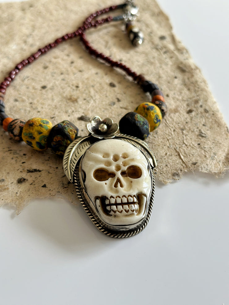 Ancient Tribal Bead and Buffalo Bone Skull Tibetan Silver Necklace