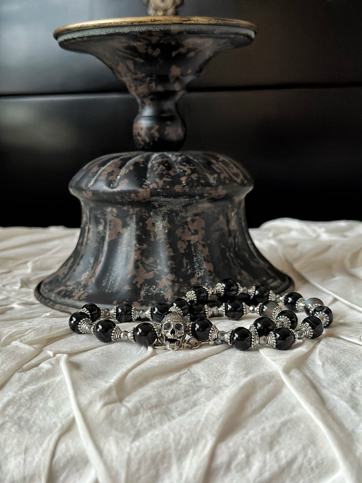 Black Onyx Silver Skull Necklace