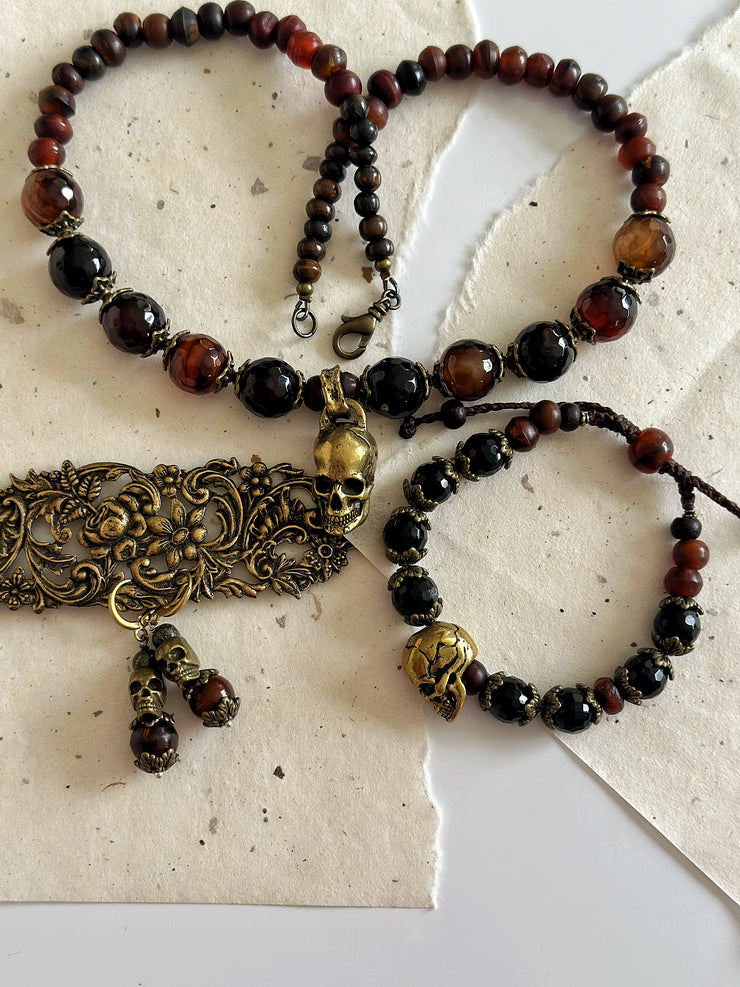 Antique Gold and Agate Skull Necklace