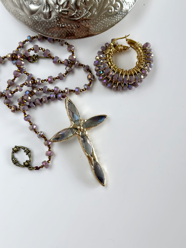 Lavender Hand Tied Crystal Cross Pendant