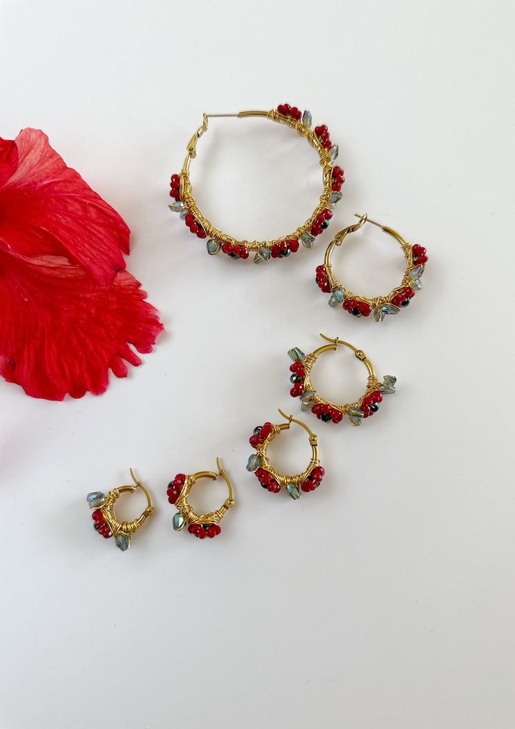 Hand Wrapped Beaded Red Flower Hoops Extra Small