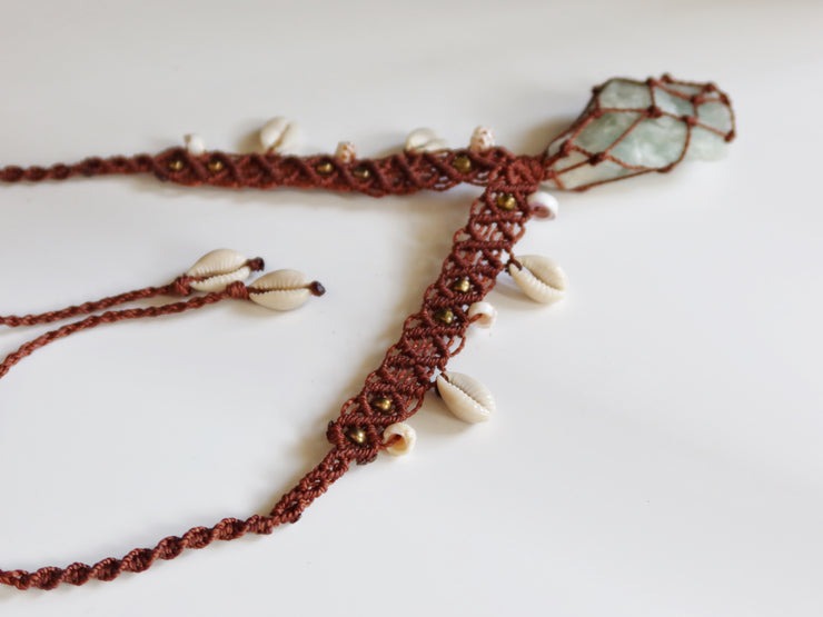 Raw Aquamarine Crystal Macrame Necklace with Cowrie Shells