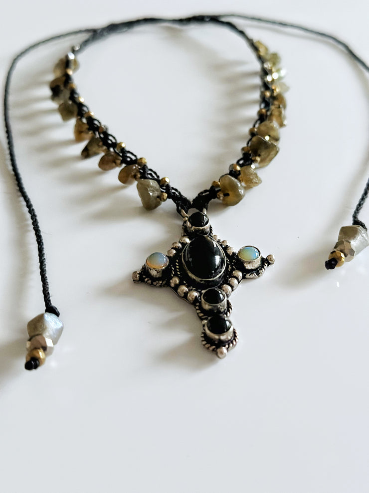 Onyx and Opal Cross Macrame Choker with Labradorite
