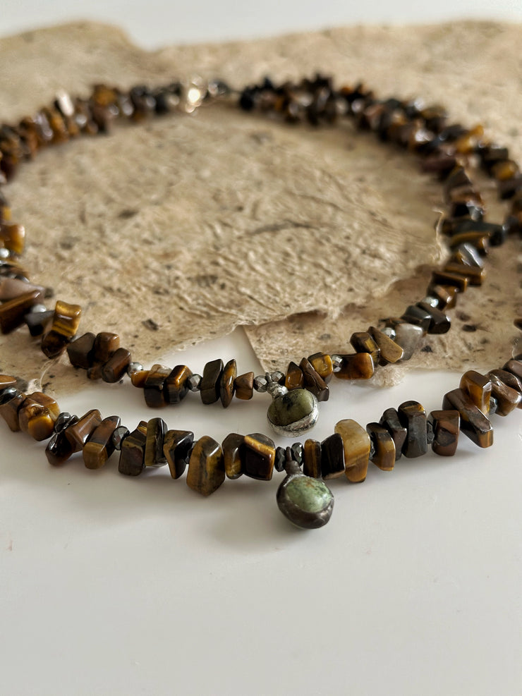 Tigers Eye Puka with African Turquoise Pendant and Silver Hematite