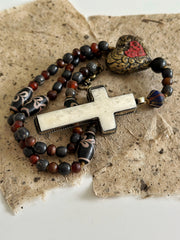 Hand Knotted Rosary with Buffalo Bone Cross Tibetan Silver, Brass, and Recycled Glass