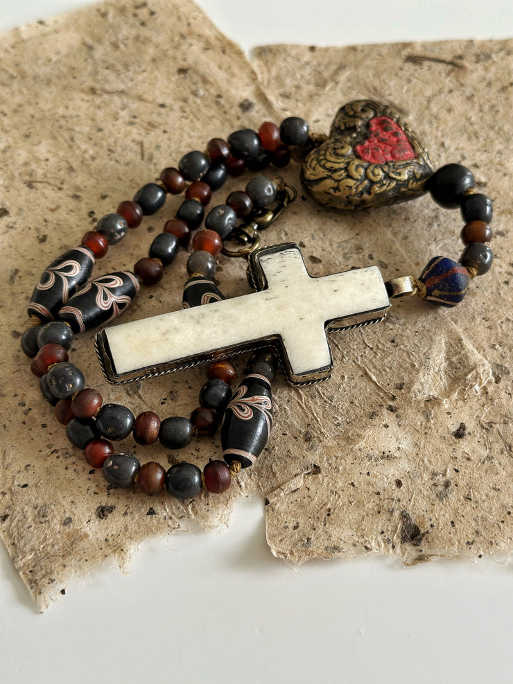 Hand Knotted Rosary with Buffalo Bone Cross Tibetan Silver, Brass, and Recycled Glass