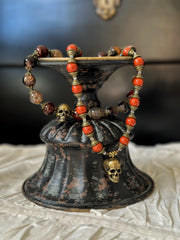 Red Agate Bronze Skull Necklace