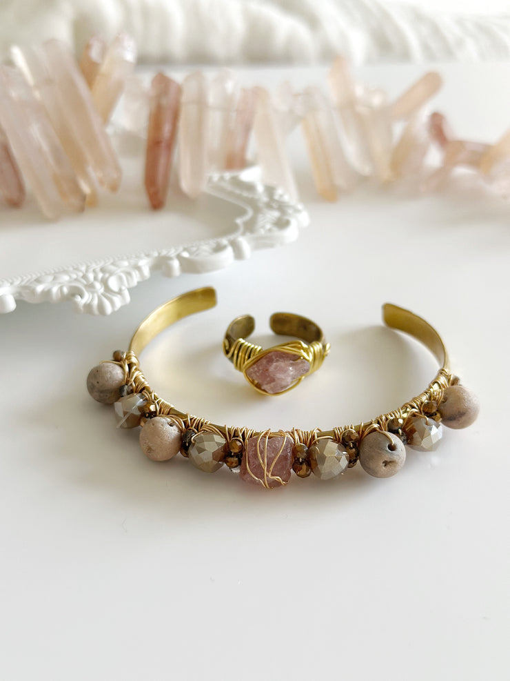 Raw Rose Quartz Brass Cuff