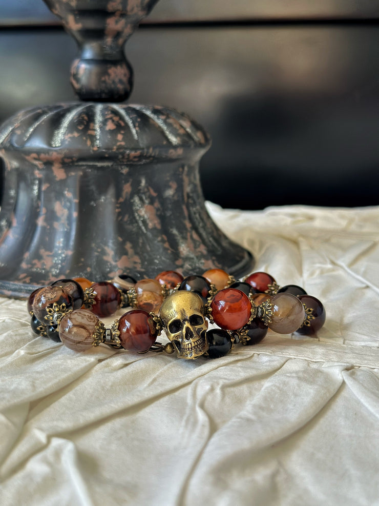 Red Agate Bronze Skull Necklace