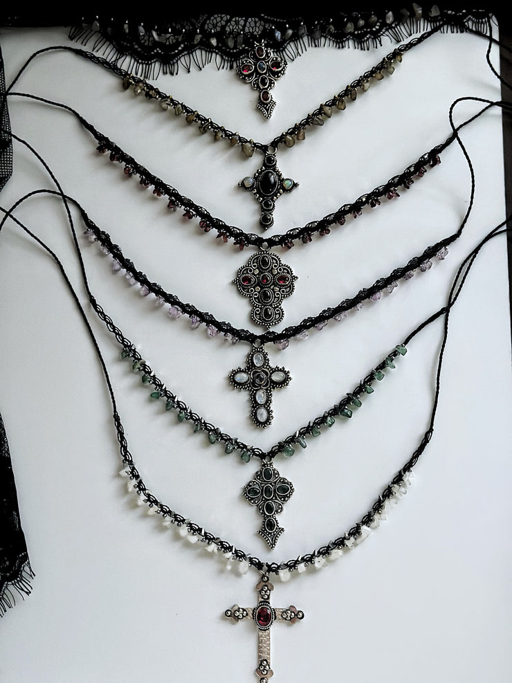 Garnet 925 Silver Cross Macrame Choker