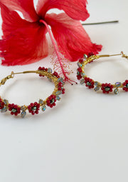 Hand Wrapped Beaded Red Flower Hoops Large