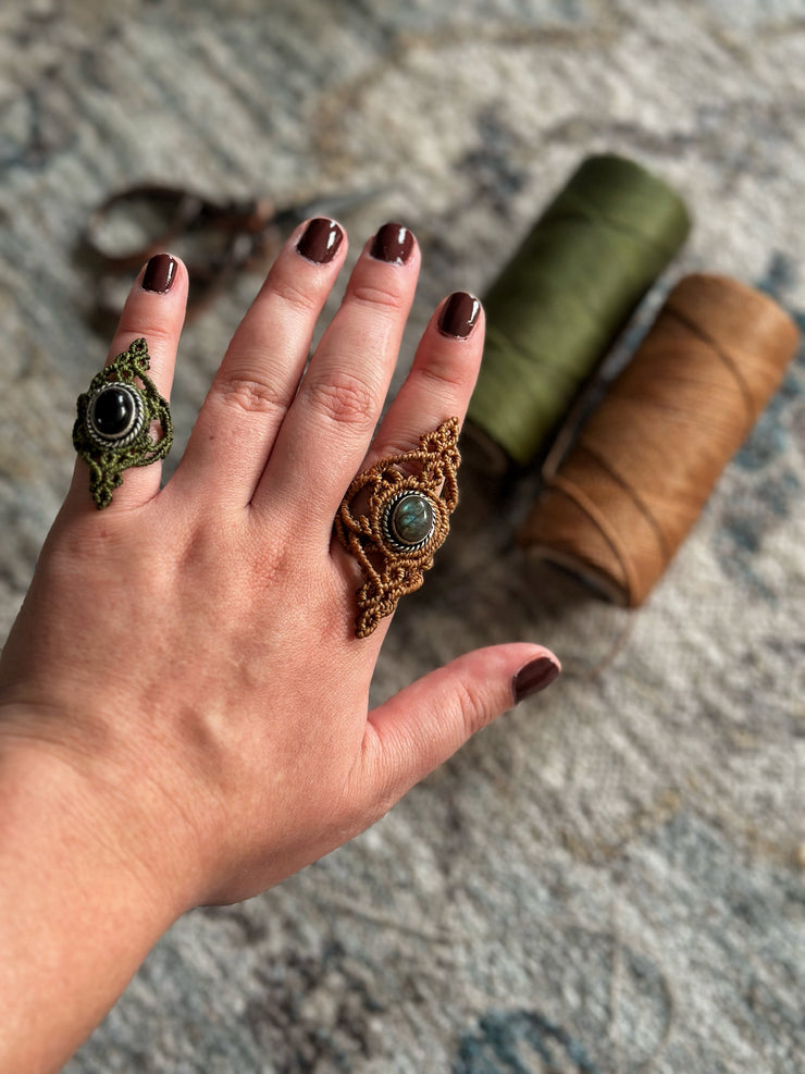 Green Macrame Onyx Ring Size 6