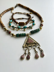 Turquoise Coral Coconut Brass and Silver Necklace