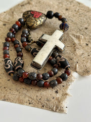 Hand Knotted Rosary with Buffalo Bone Cross Tibetan Silver, Brass, and Recycled Glass