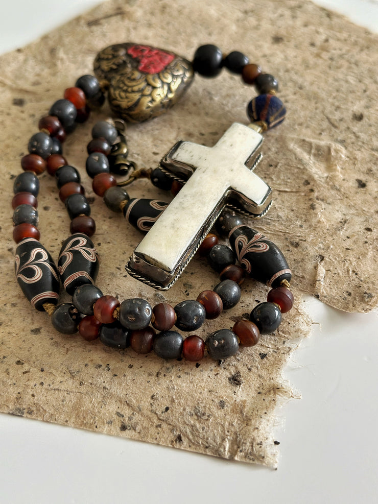 Hand Knotted Rosary with Buffalo Bone Cross Tibetan Silver, Brass, and Recycled Glass