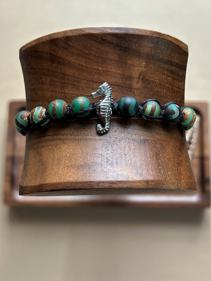 Silver Seahorse Tibetan Agate Bracelet