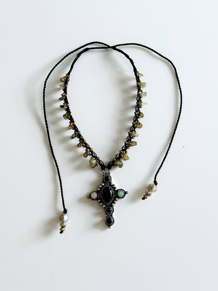 Onyx and Opal Cross Macrame Choker with Labradorite