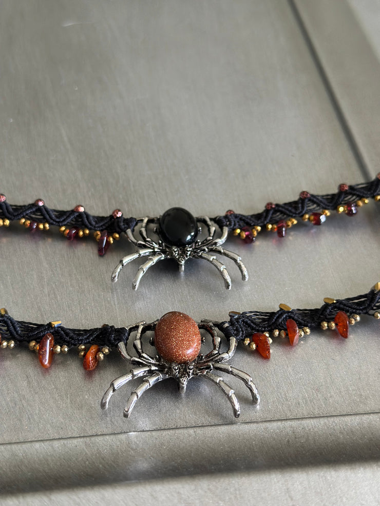 Black Onyx Spider and Garnet Chips Macrame Choker